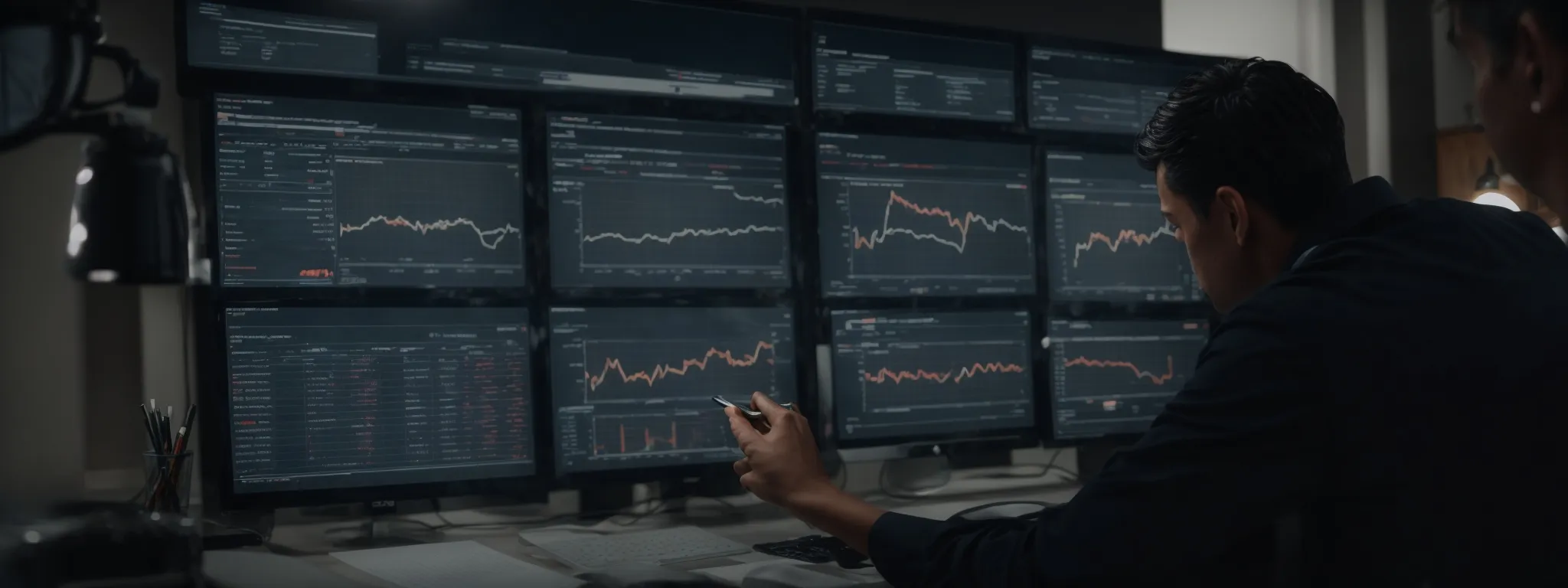 a marketer analyzing a complex dashboard showcasing website analytics and seo performance metrics.