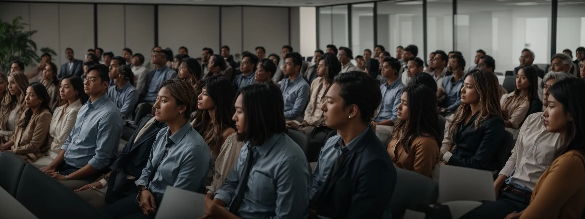 a group of attentive professionals sits in a modern conference room, observing a speaker giving a presentation on seo strategies.