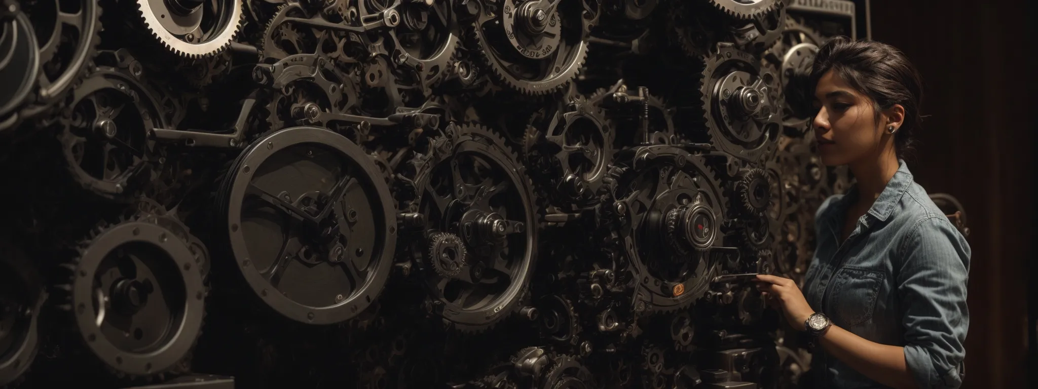 a figure quickly adjusts a towering stack of gears and dials against a backdrop of swiftly moving clock hands and a pulsating social media feed.