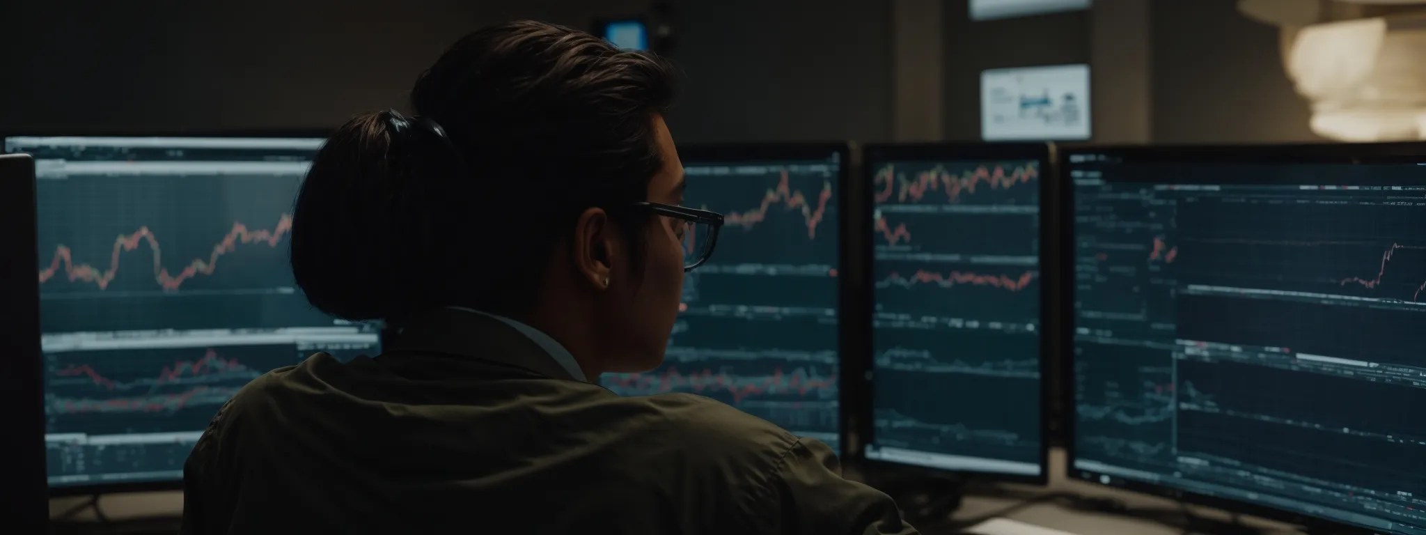 a person sitting in front of dual computer screens, engrossed in analyzing seo software dashboards and data charts.