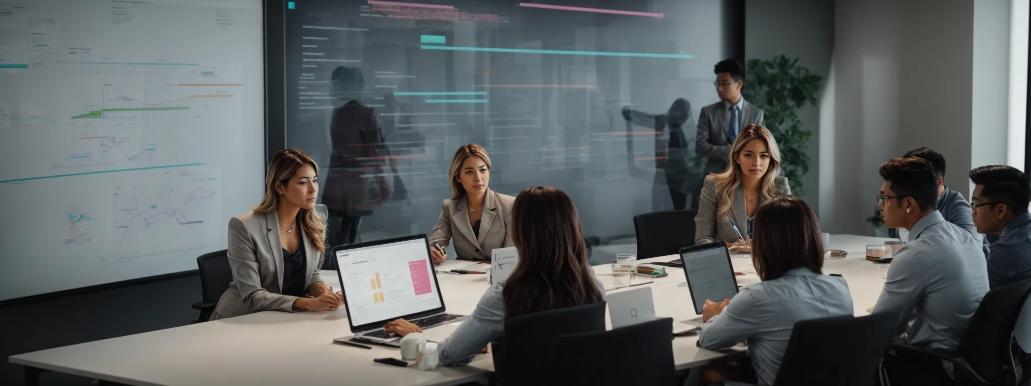 a diverse group of professionals gathered around a modern conference table with digital devices, discussing and strategizing under a whiteboard filled with colorful flowcharts and diagrams.