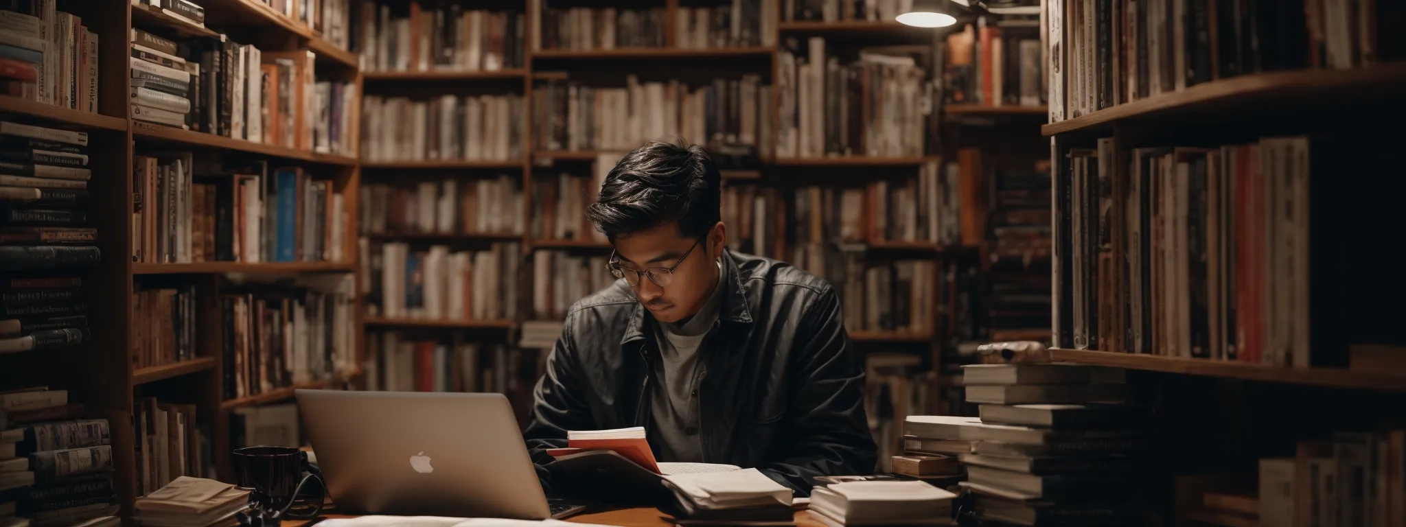 a studious individual thoughtfully types on a laptop amidst a collection of marketing and seo books, crafting titles on a screen.