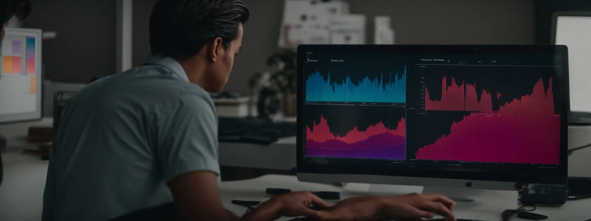 a marketer analyzing a colorful graph showcasing ad extension performance metrics on a computer display.