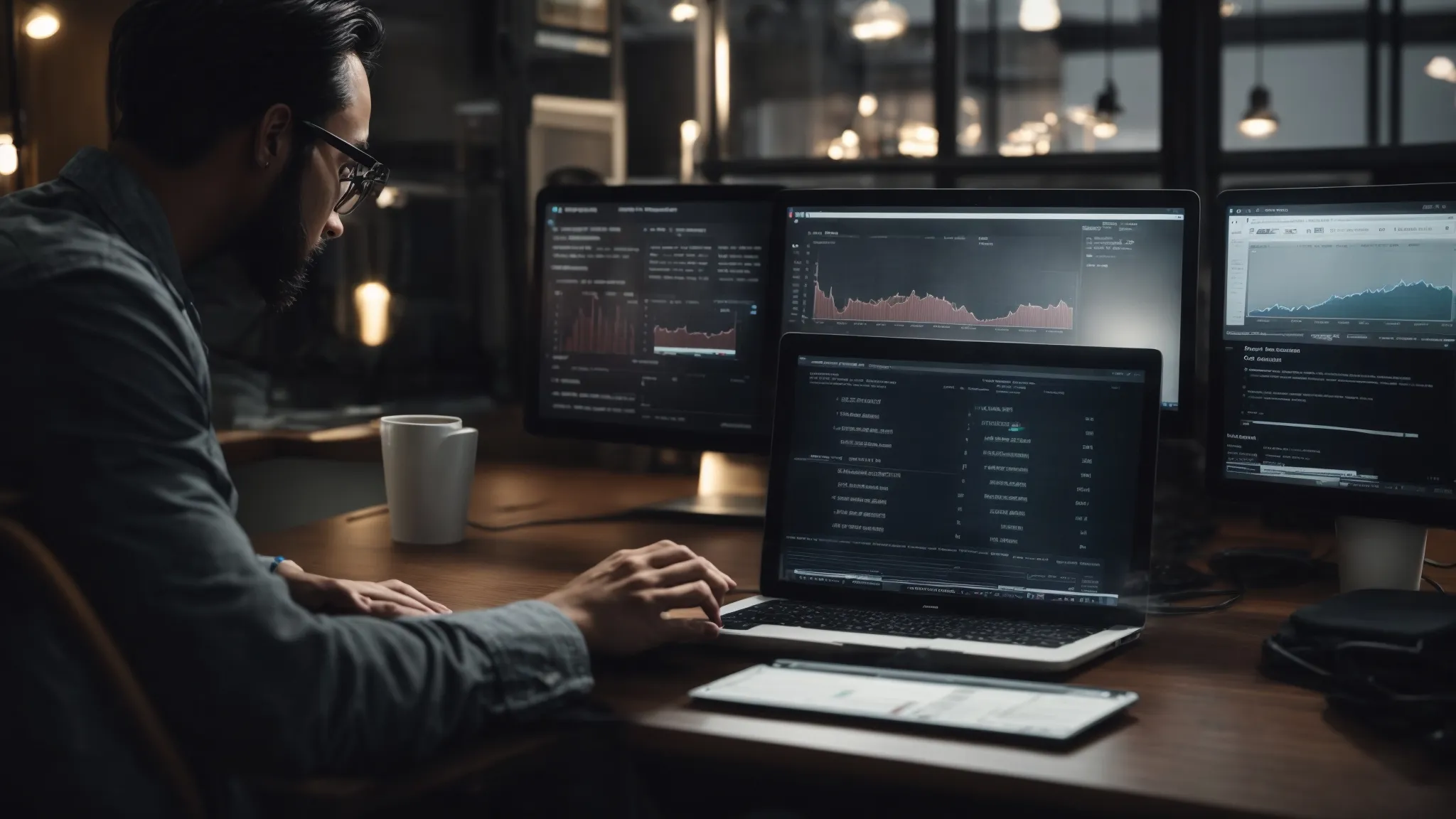 a marketer reviews data analytics on a computer screen displaying search engine rankings and website traffic statistics.