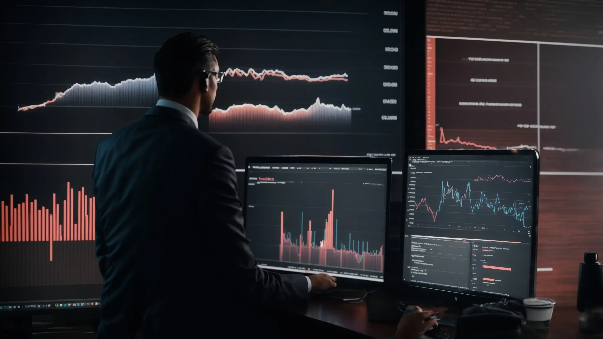 a businessperson poses by a computer screen displaying ascending graphs, symbolizing a successful seo impact in cleveland, oh.