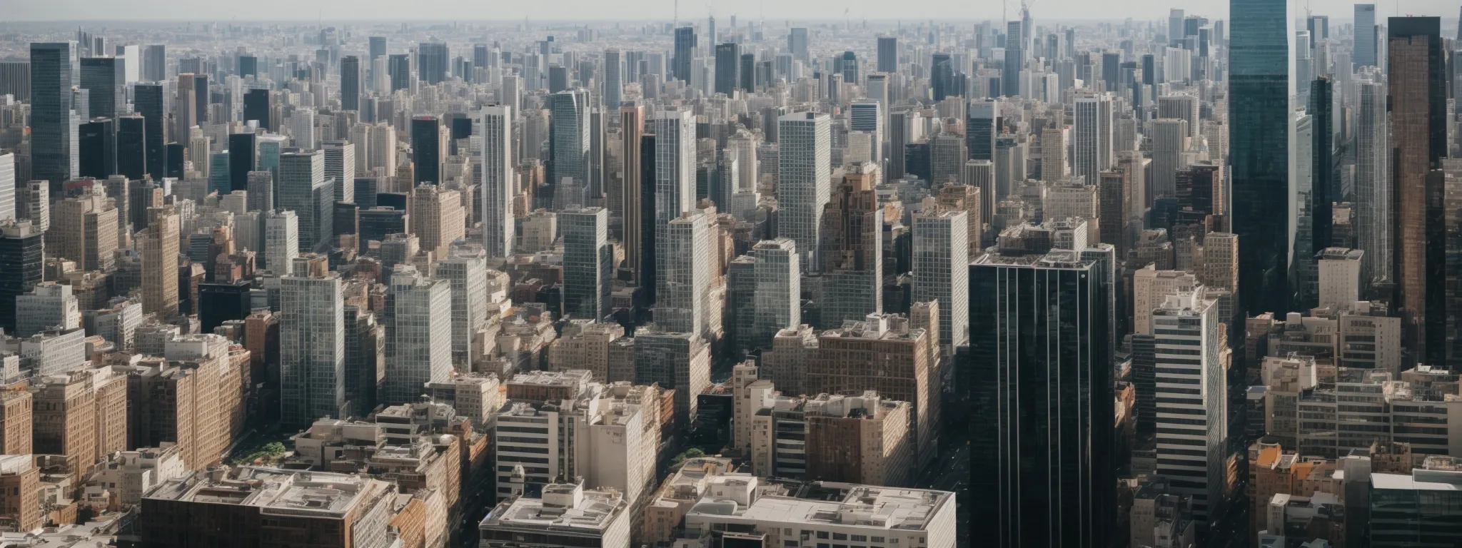 a broad view of diverse buildings ranging from small shops to towering skyscrapers under a clear sky, symbolizing businesses of varying sizes.