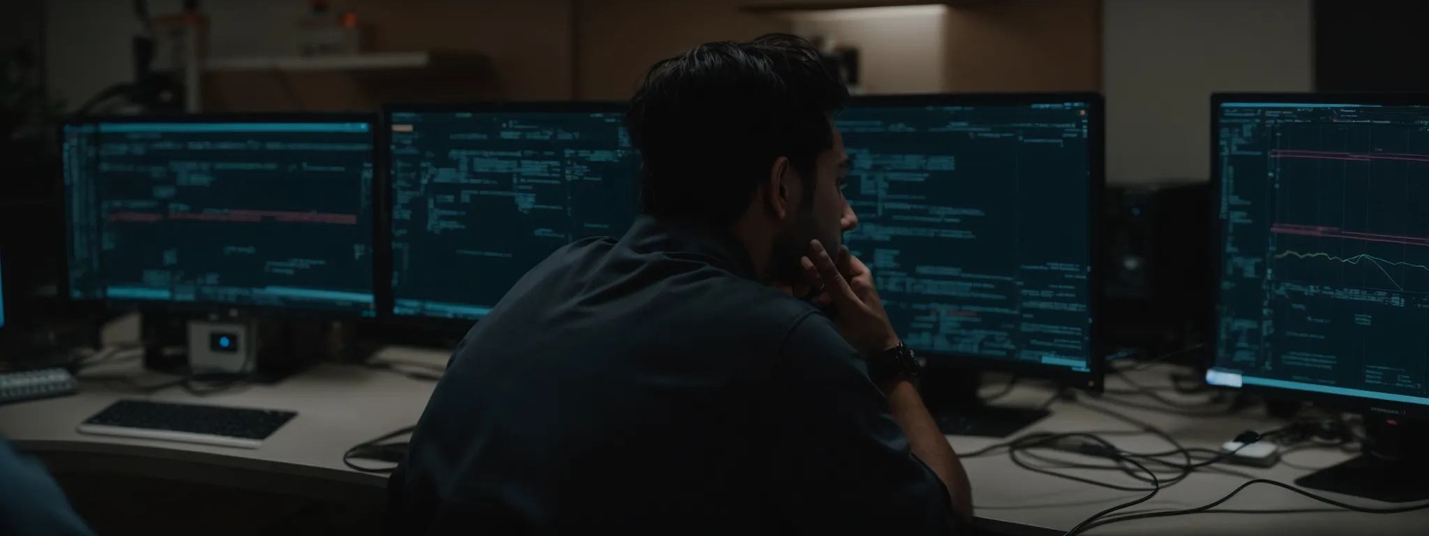 a web developer stares at a computer screen, reflecting on seo strategies amidst a backdrop of tangled wires.