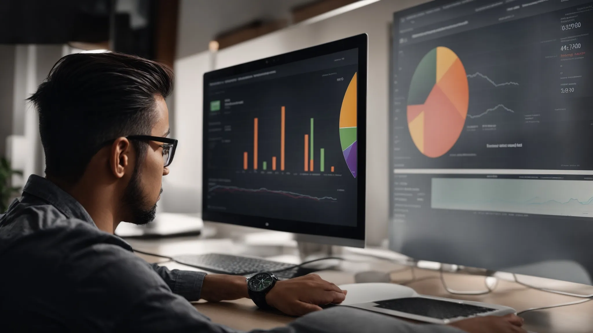 a webmaster examines a google analytics dashboard focusing on keyword performance and traffic graphs.