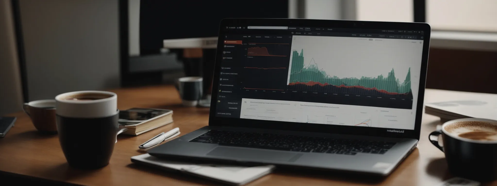 a laptop with graphs on the screen placed on a desk next to a coffee cup, embodying the strategic work of enhancing blog seo.