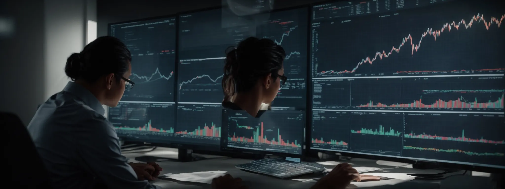 a business professional analyzing graphs and charts on a computer screen depicting social media analytics.