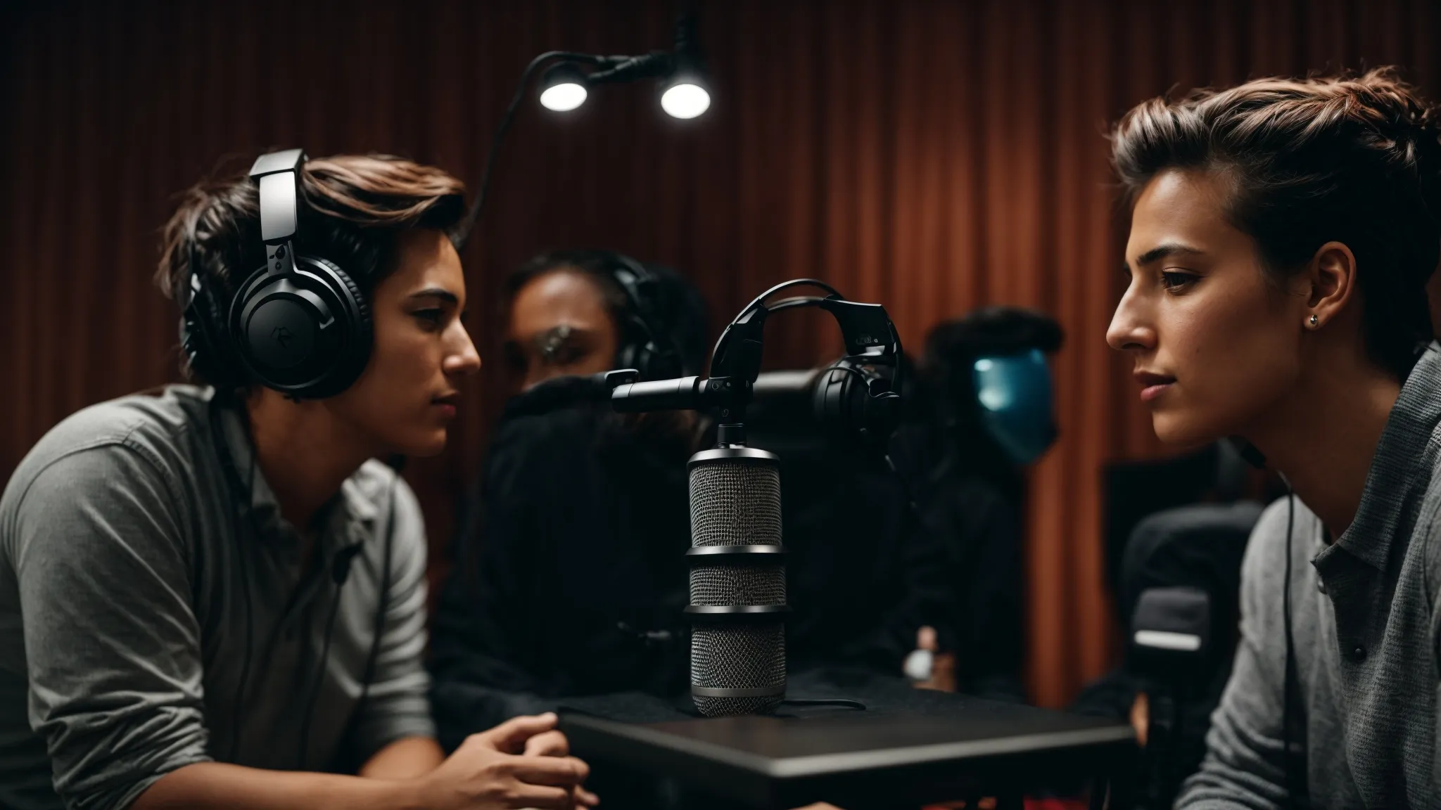 a close-up of two people sitting across from each other in a podcast studio, with microphones and headphones, engaged in a discussion.