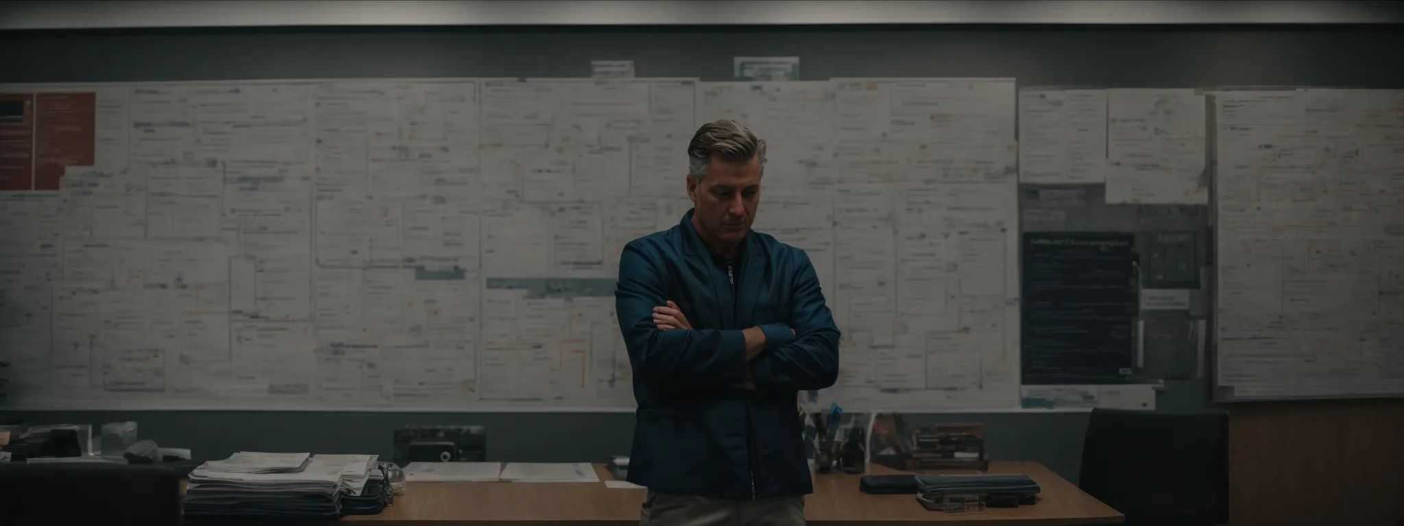 duane forrester stands before a large, complex flowchart that illustrates various seo tactics and strategies, embodying the structure and complexity of the seo challenges at sports direct inc.