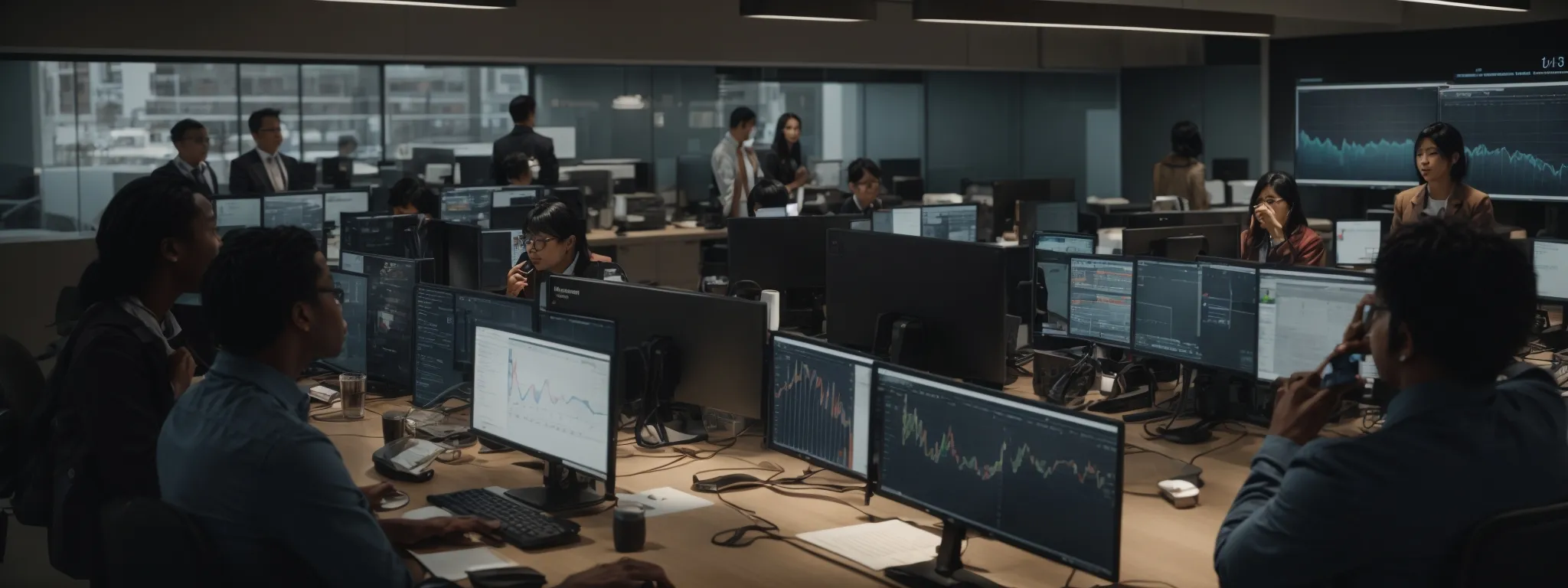 a diverse group of people in a modern office intently focused on computer screens displaying graphs and social media analytics. 