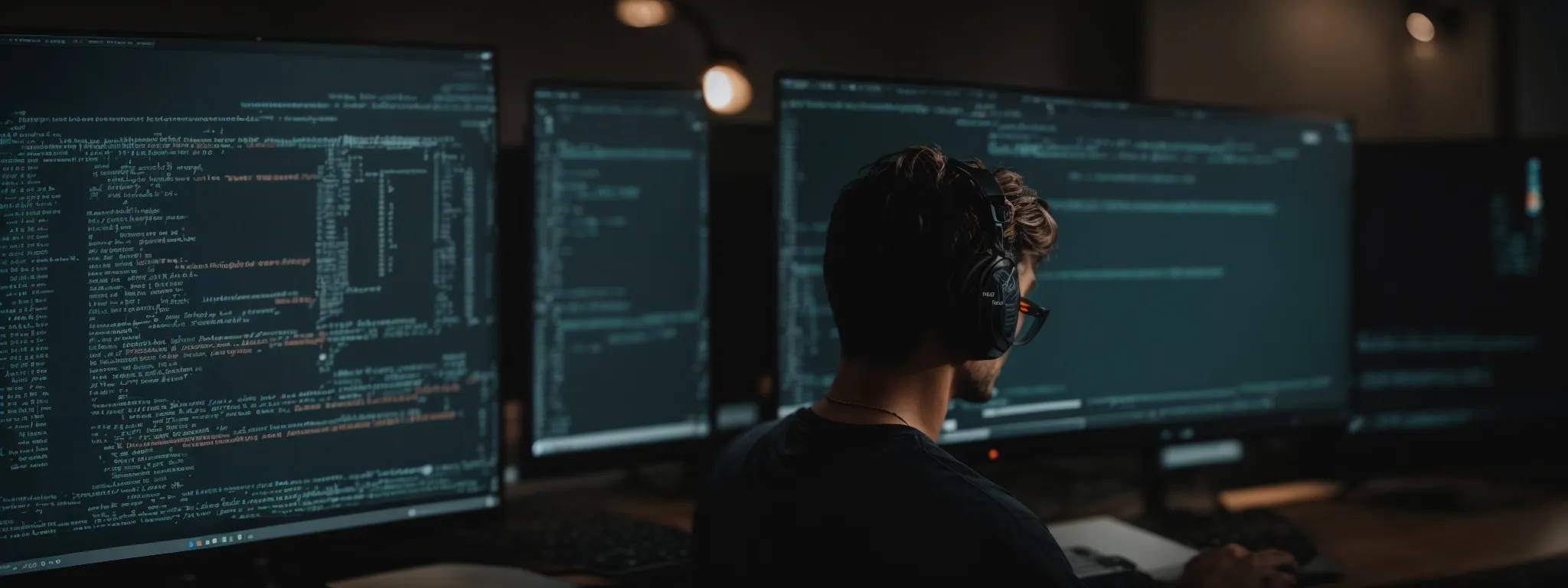 a web developer focuses intently on a laptop screen displaying a complex code editor with javascript functions.