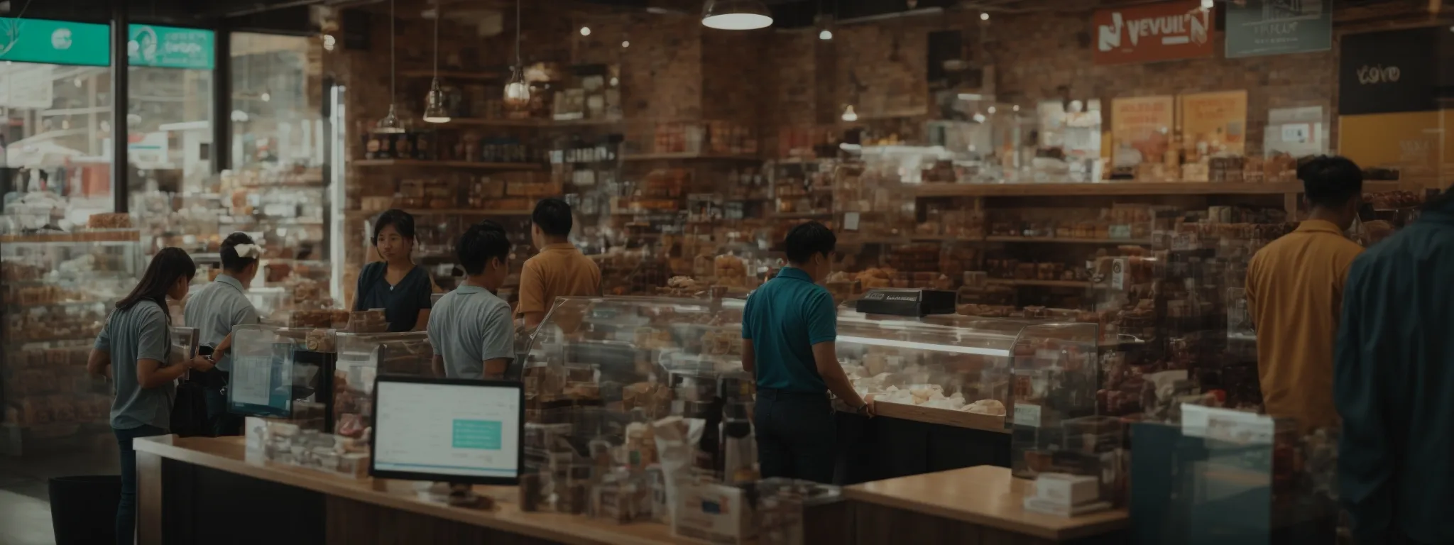a bustling local store with a 'we're open' sign, customers browsing products, and a nearby laptop displaying colorful charts and graphs.