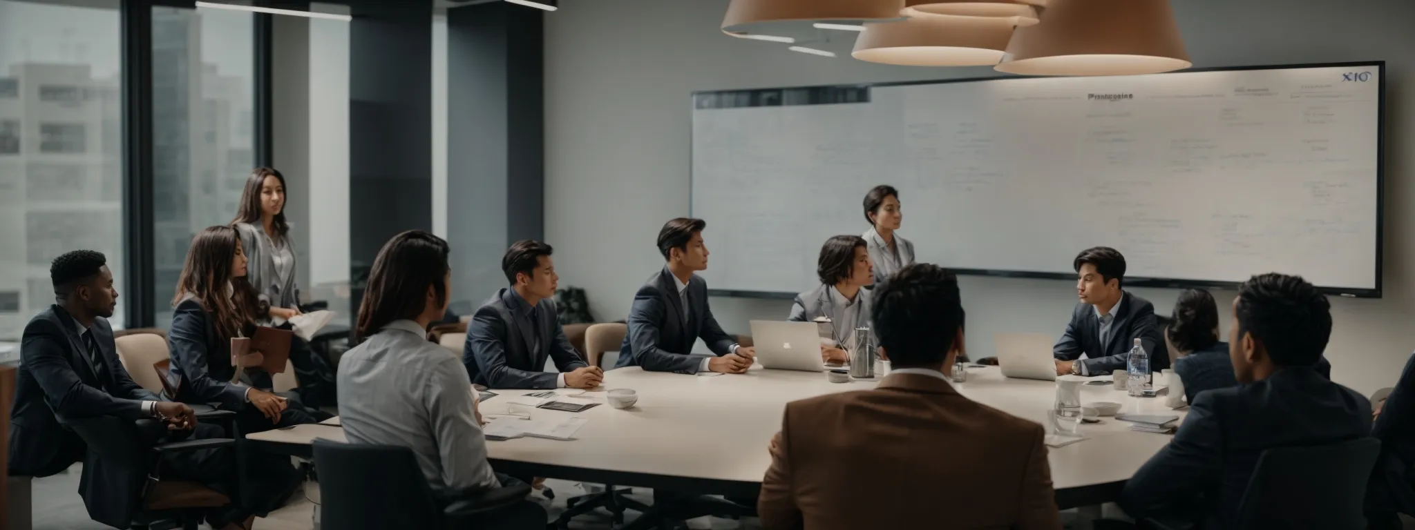 a group of marketers brainstorming around a conference table with a whiteboard in the background illustrating seo concepts.