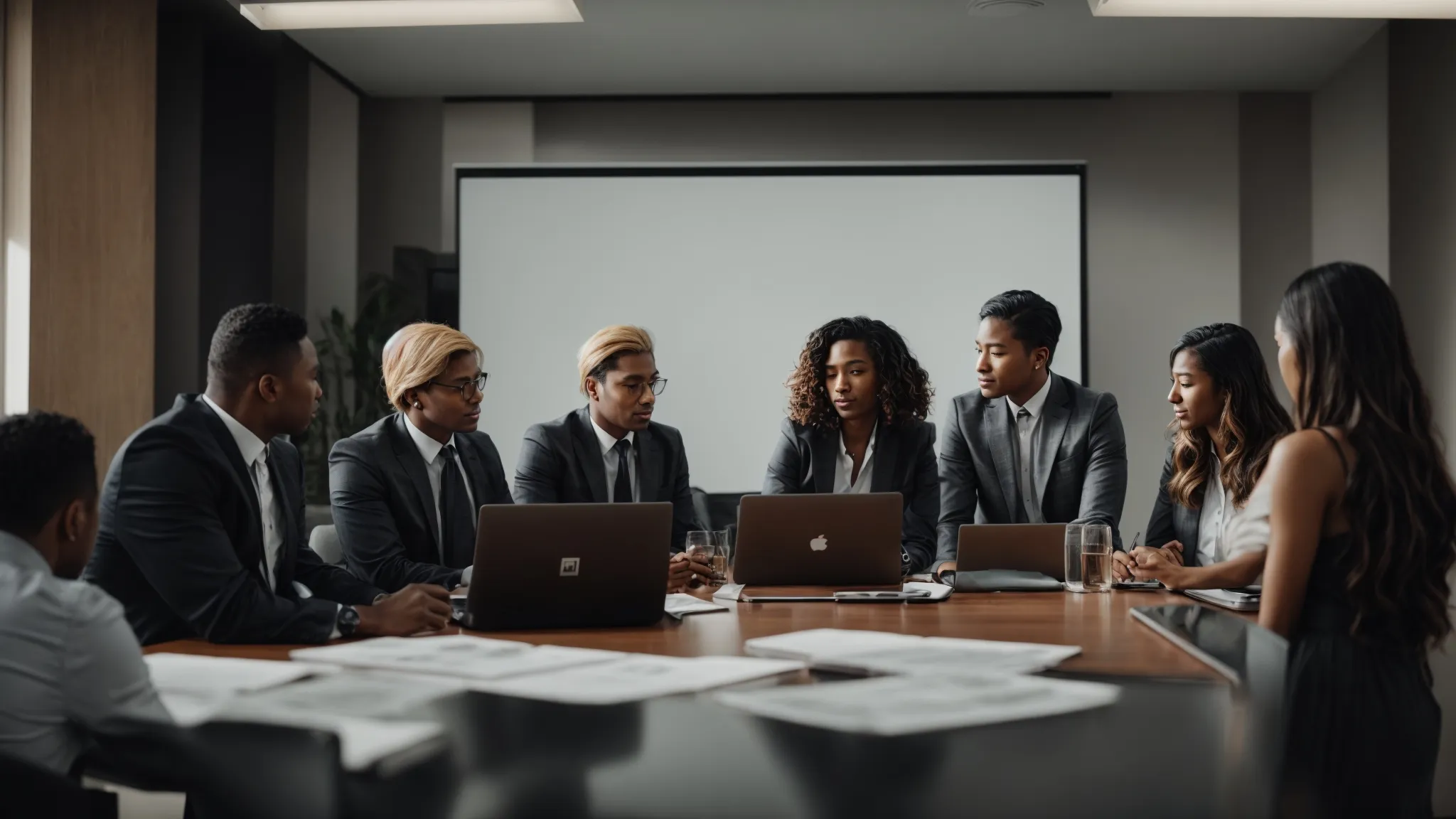 a group of professional individuals gathered around a conference table with laptops displaying a branding presentation.