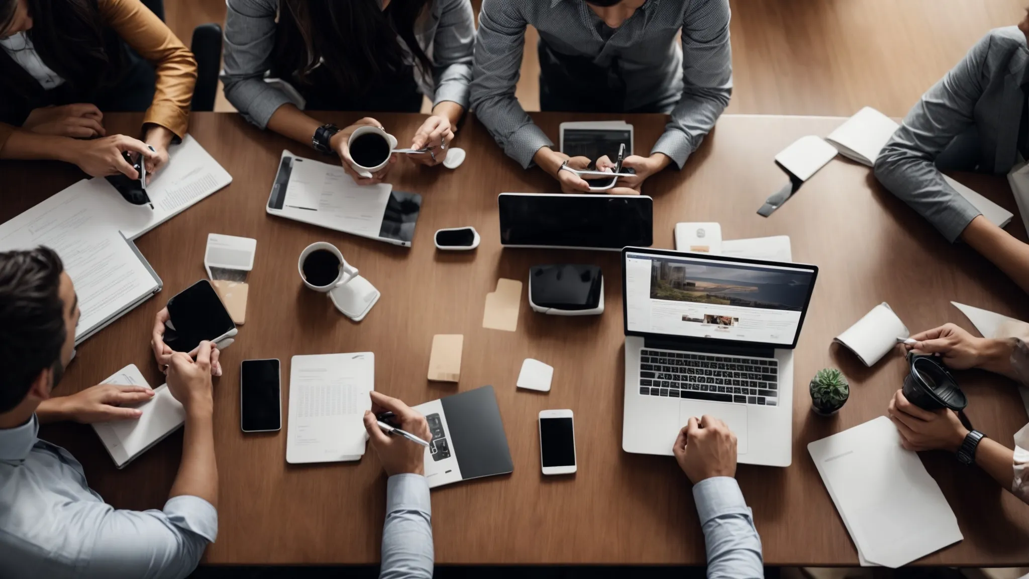 a team of professionals brainstorming around a conference table with various digital devices and marketing materials spread out before them.