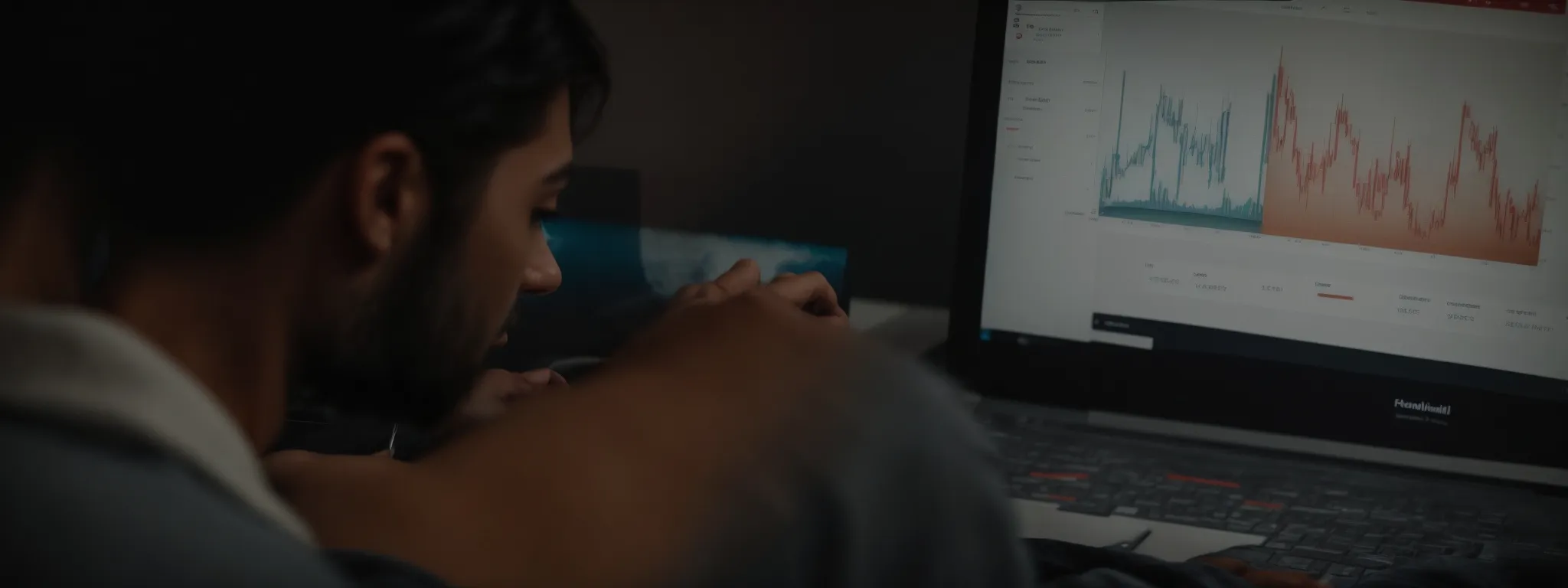 a person sits at a computer, intently studying an on-screen graph showing website rankings before and after the implementation of seo strategies.