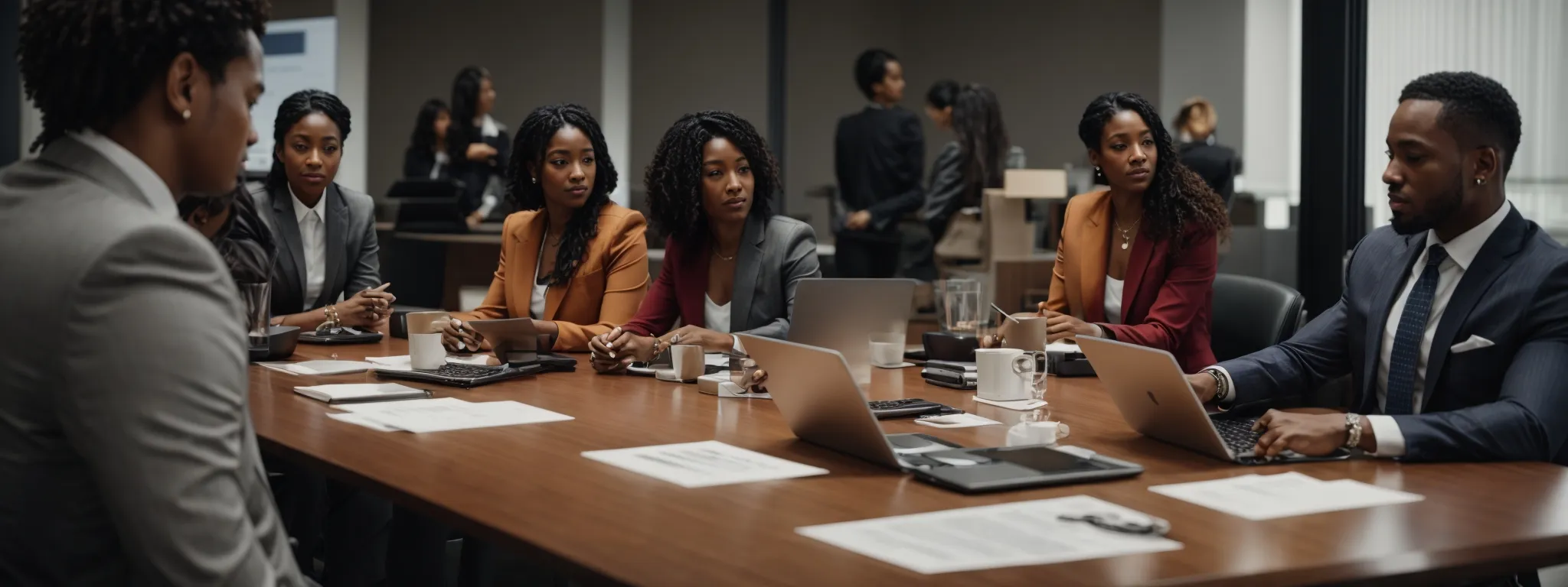 A group of professionals sit around a conference table with laptops and documents, engaged in a business meeting in a modern office setting.