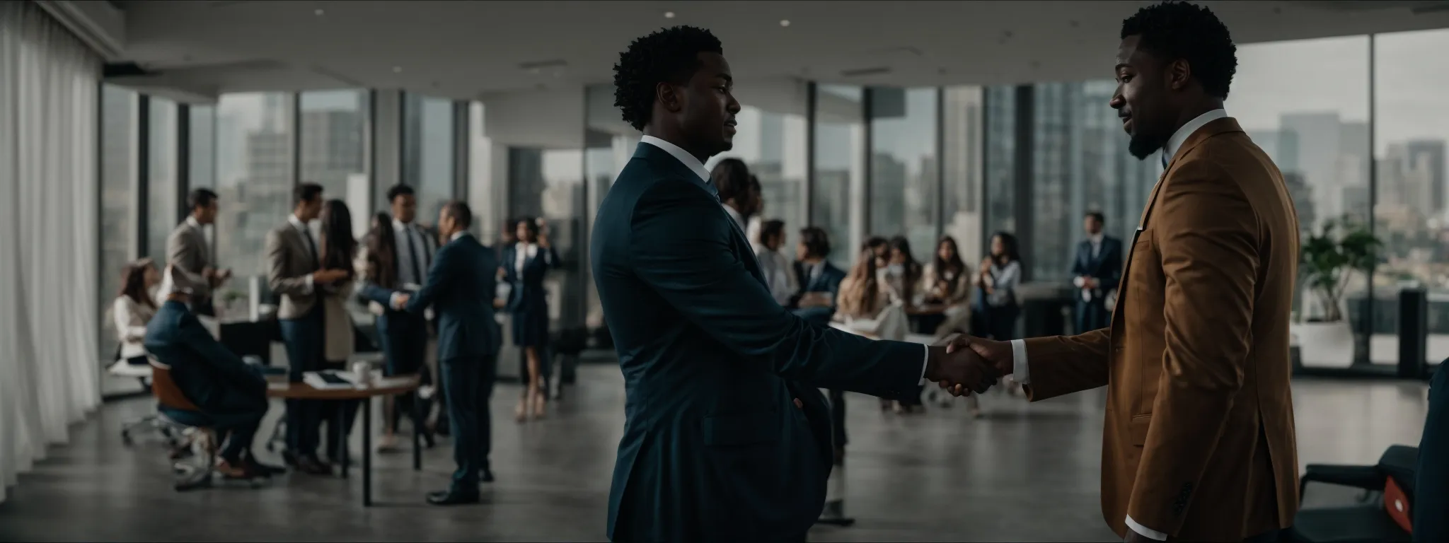 two individuals engage in a firm, professional handshake against the backdrop of a modern office setting, symbolizing an agreement.