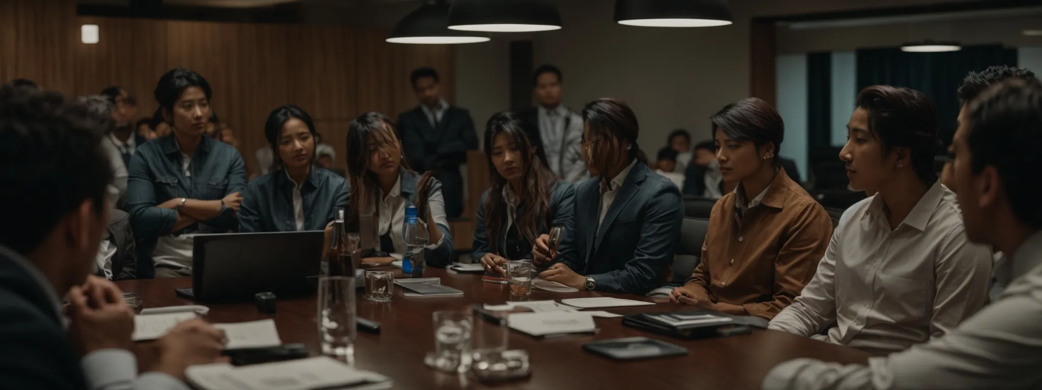 a group of professionals gathered around a conference table, intently focused on a speaker giving a presentation on seo strategies.