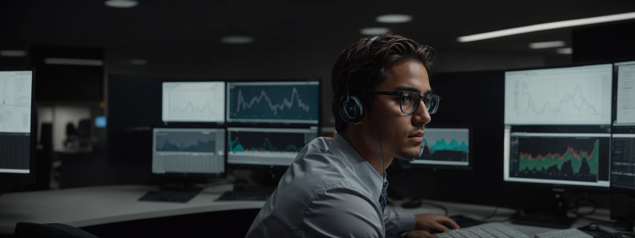 a focused individual intently surveys comprehensive analytics on a computer screen within a modern office environment.