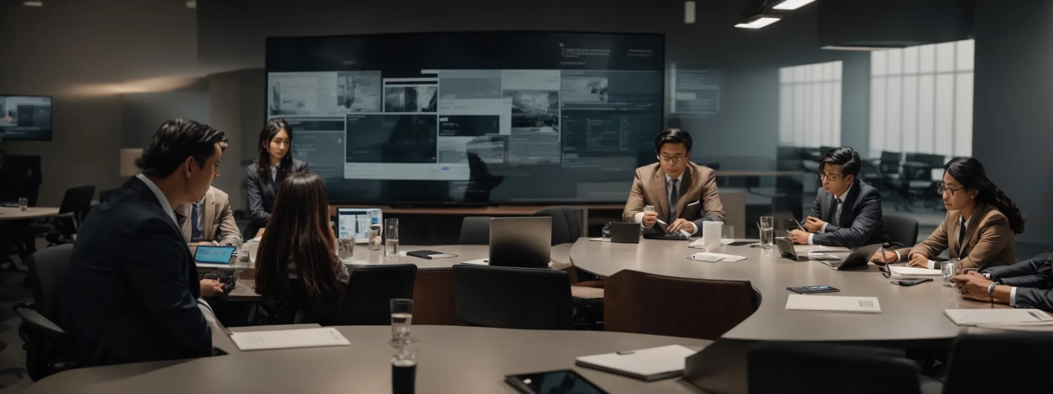 a group of professionals congregates around a conference table, intensely discussing strategy with laptops and digital tablets visible.