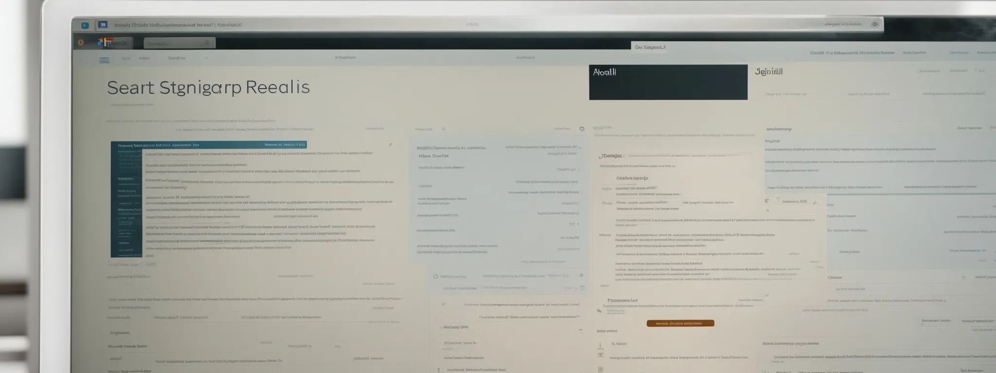 a laptop screen displaying a search engine results page with distinct sections highlighting various snippets of information.