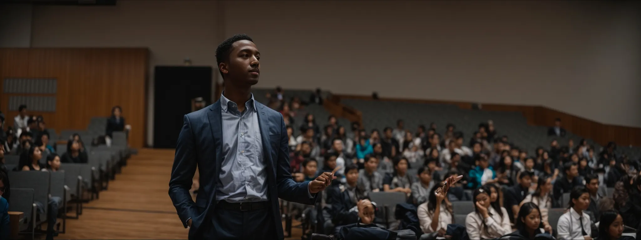 a student presenting a digital marketing project in front of a lecture hall.