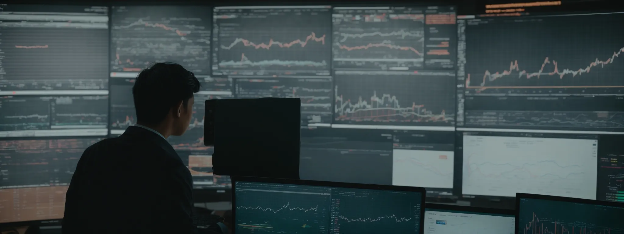 a person intently examining complex graphs and charts on a computer screen, reflecting the analysis of seo and e-commerce metrics.