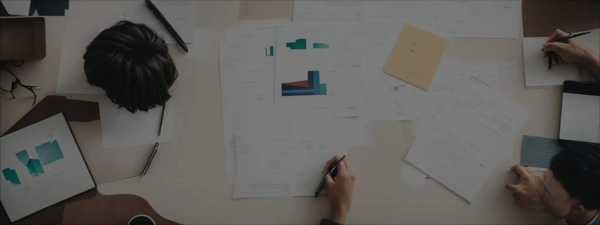 two professionals shaking hands across a table with a laptop displaying graphs beside a pen and contract.