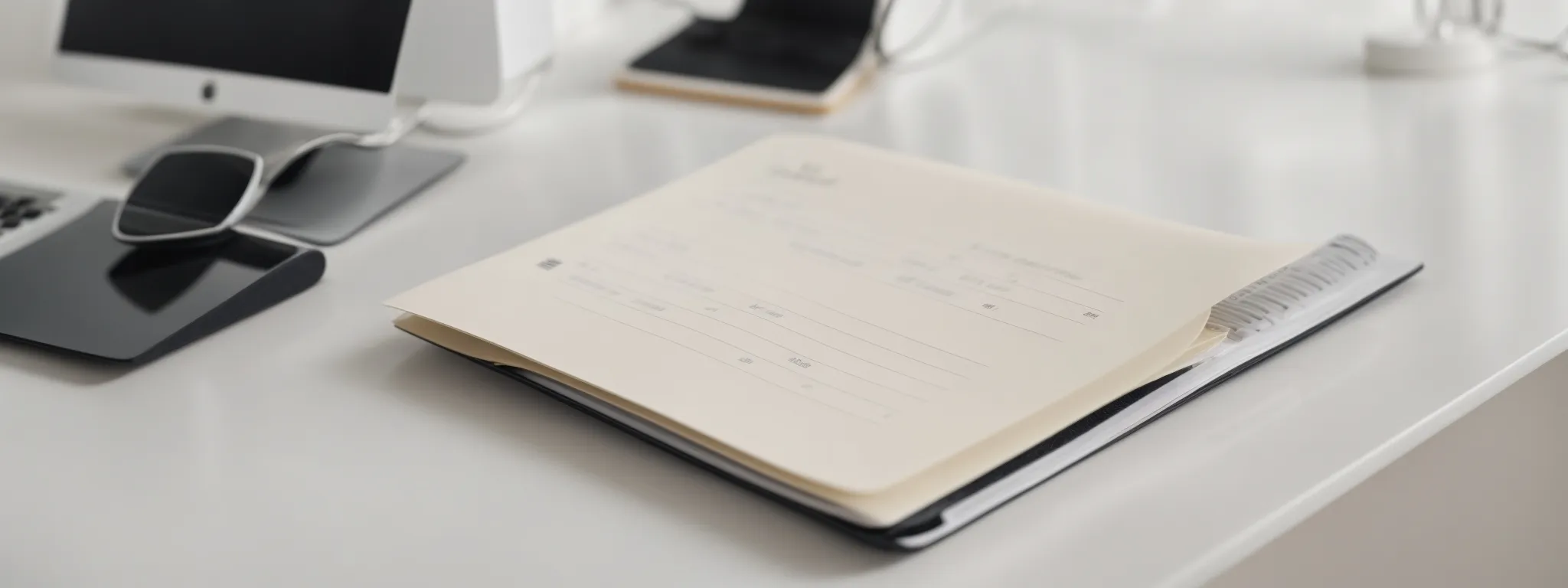 a keyboard and a notepad rest on a minimalist desk bathed in soft light, symbolizing thoughtful digital content creation.