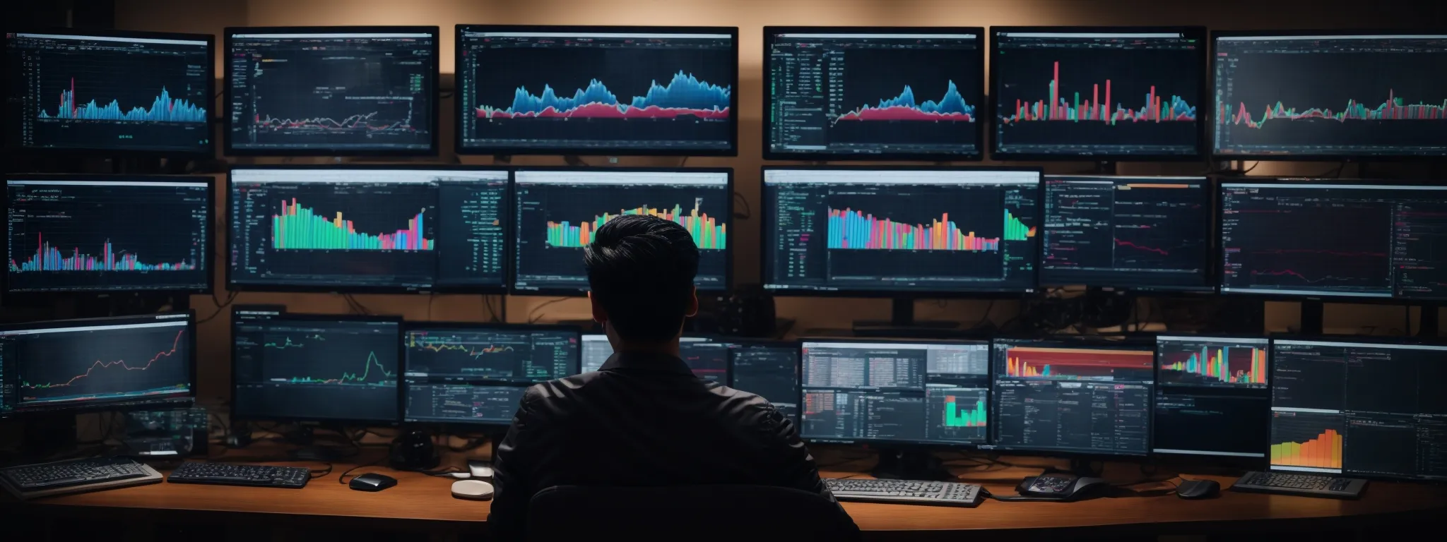 a person sitting at a desk with multiple computer screens displaying colorful website analytics dashboards.
