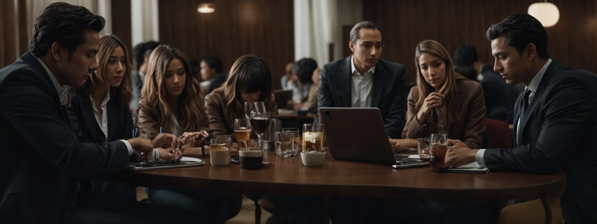 a group of professionals discussing strategies around a table with smartphones and laptops, symbolizing the integration of social media and web traffic.