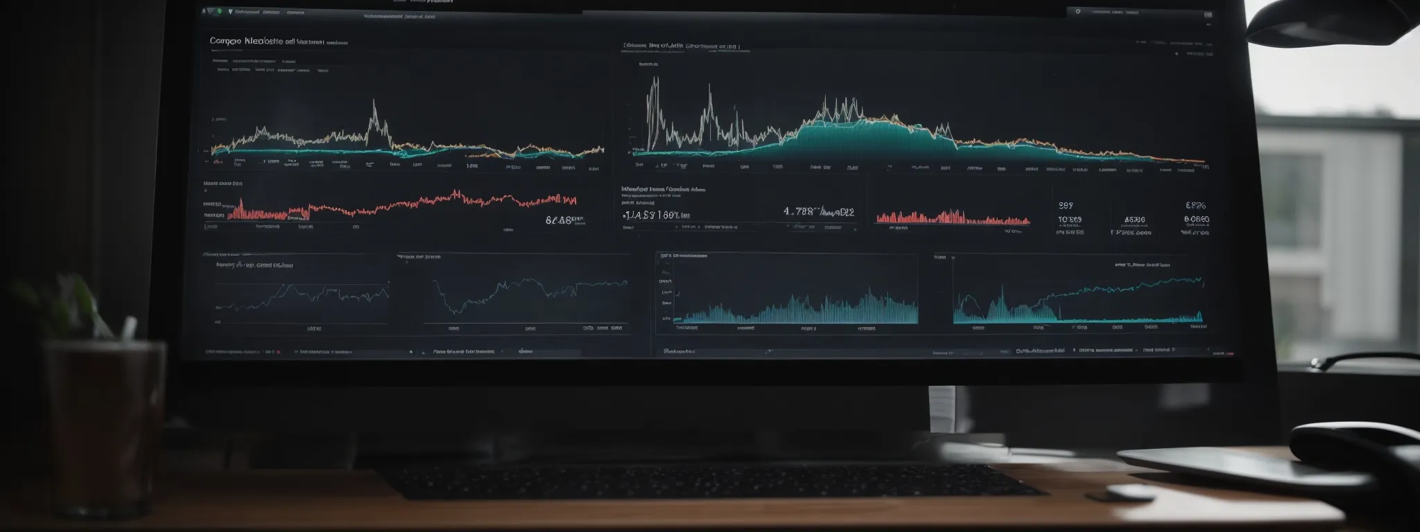 a computer screen displaying an seo analytics dashboard with various graphs and charts depicting website performance and link metrics.