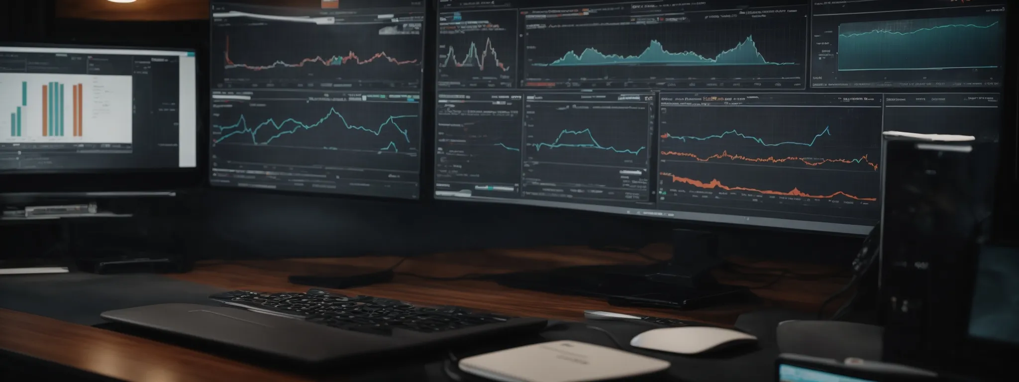 a computer screen displaying a sophisticated seo analysis dashboard surrounded by marketing charts and graphs.