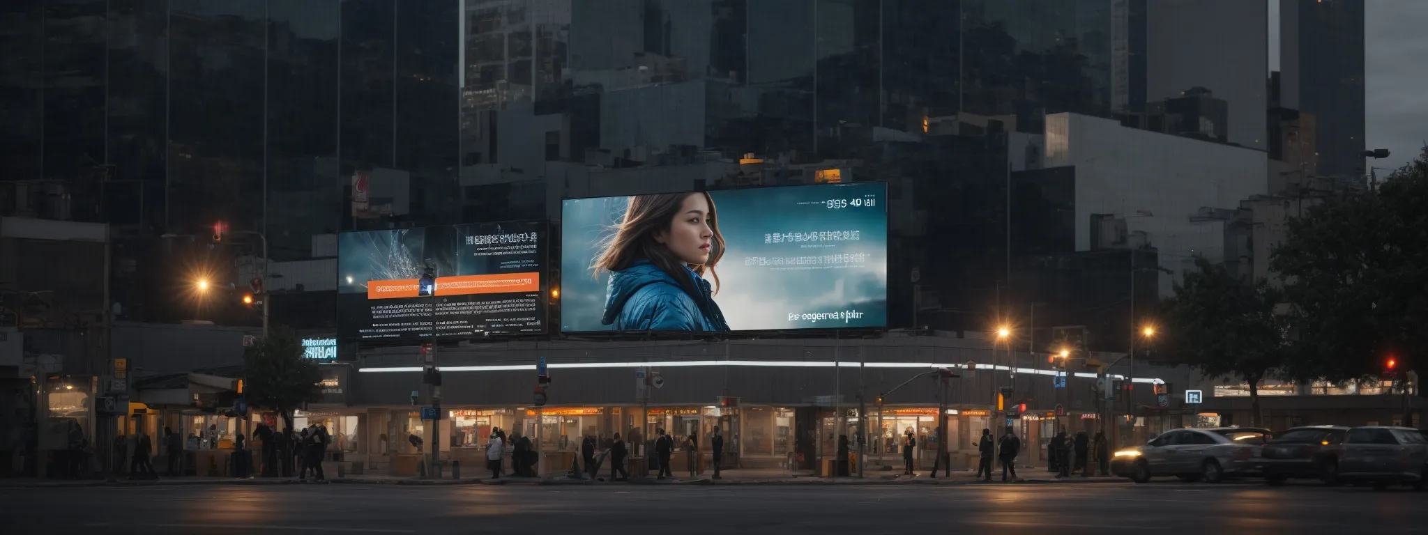a digital billboard prominently displays an oil company's advertisement at a busy urban intersection, catching the attention of passing drivers and pedestrians.