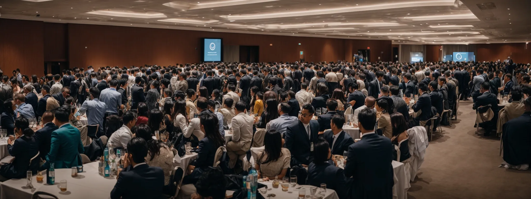 a conference hall filled with professionals networking at an seo event.