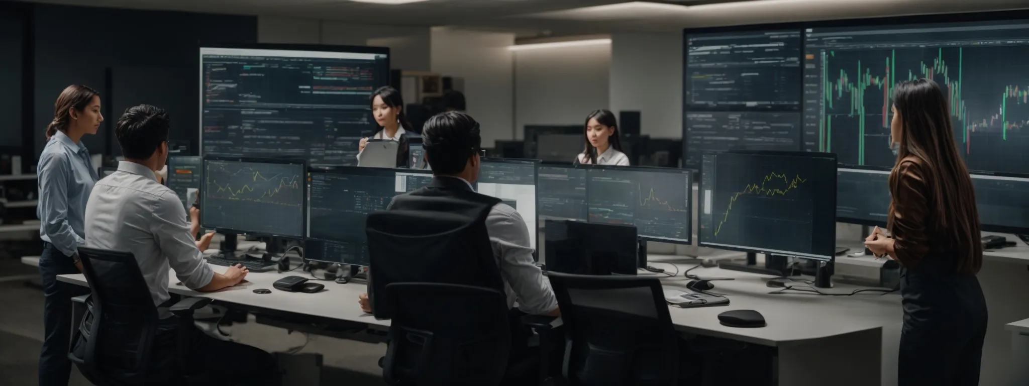 a team analyzing a digital marketing statistics dashboard on a large screen in a modern office.