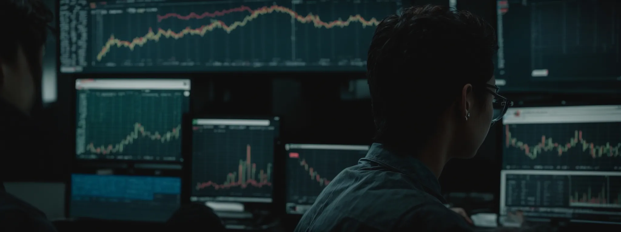 a person intently studies a computer screen displaying graphs and analytics of website performance.