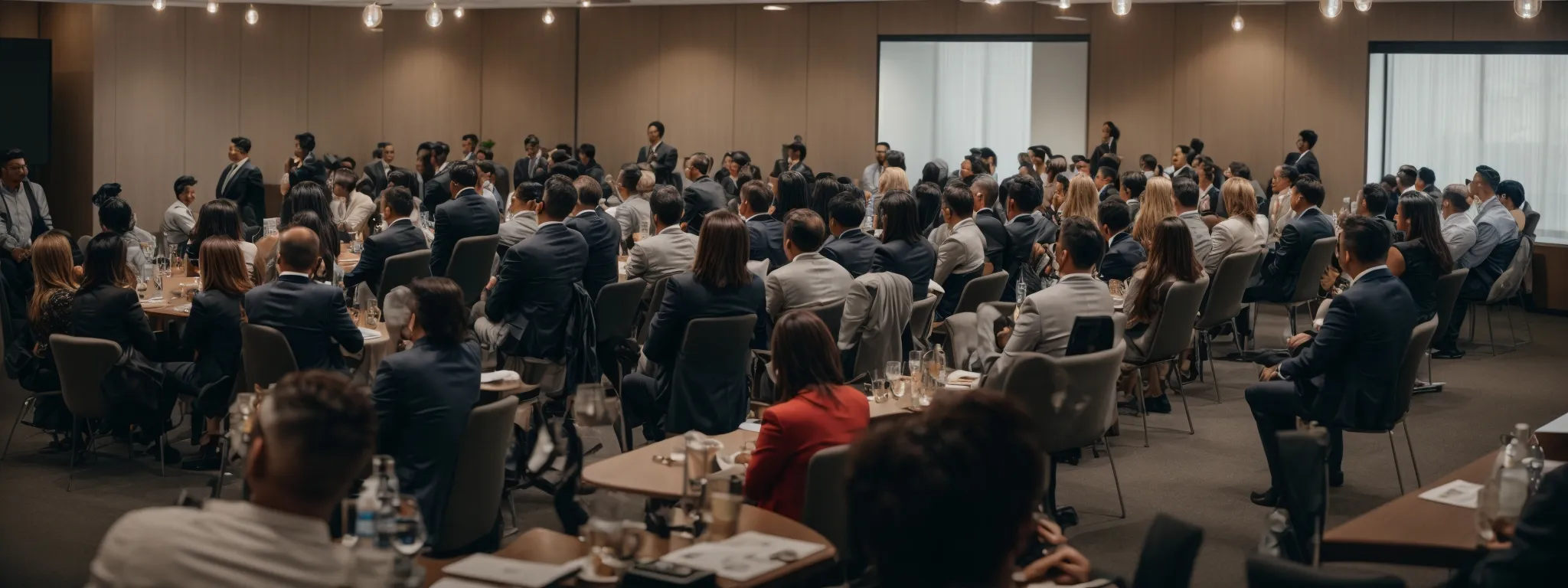 a networking event in a modern conference room where industry professionals are engaging in discussions.