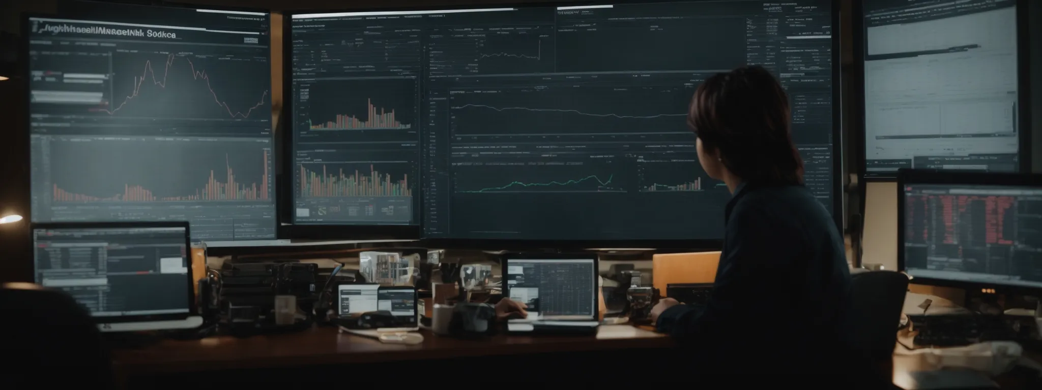 a marketing analyst scrutinizes graphs on a computer dashboard highlighting website traffic statistics.