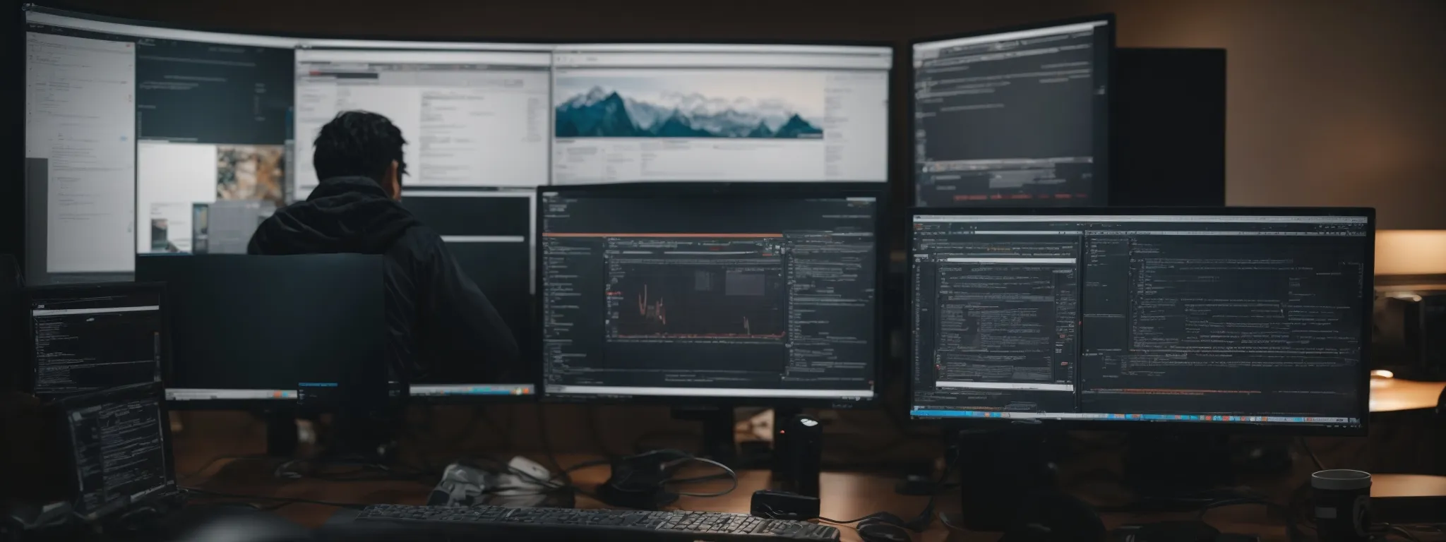 a web developer sits before a dual-monitor setup, optimizing a news website's seo and schema for google news inclusion.