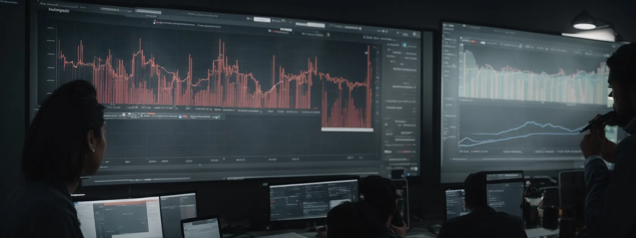 a marketing team analyzes graphs on a screen showing social media trends aligned with search engine rankings.