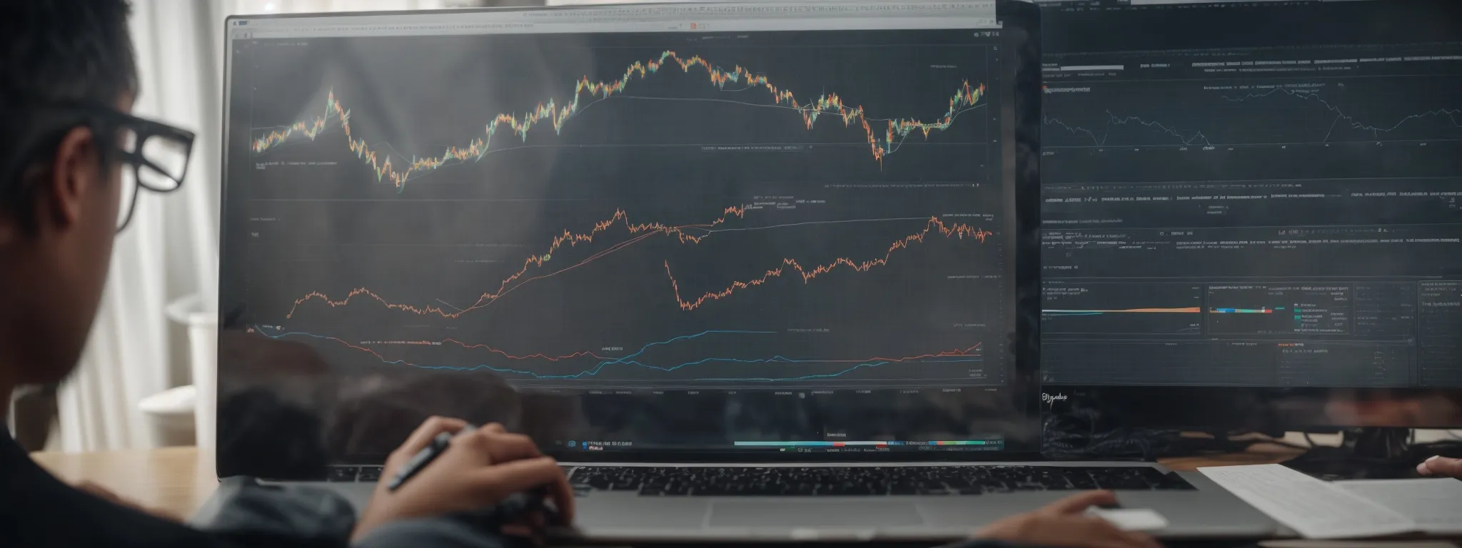 a strategist reviewing a dynamic chart showing website traffic growth after implementing LinkGraph’s seo methods.