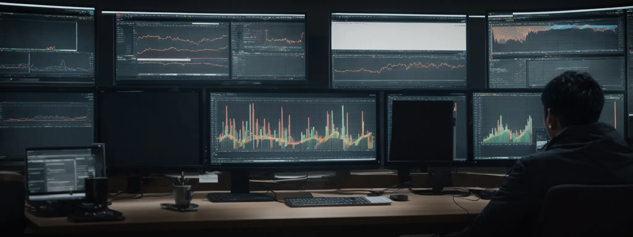 a panoramic view of a digital marketer analyzing graphs and trends on a large computer monitor in a modern office setting.