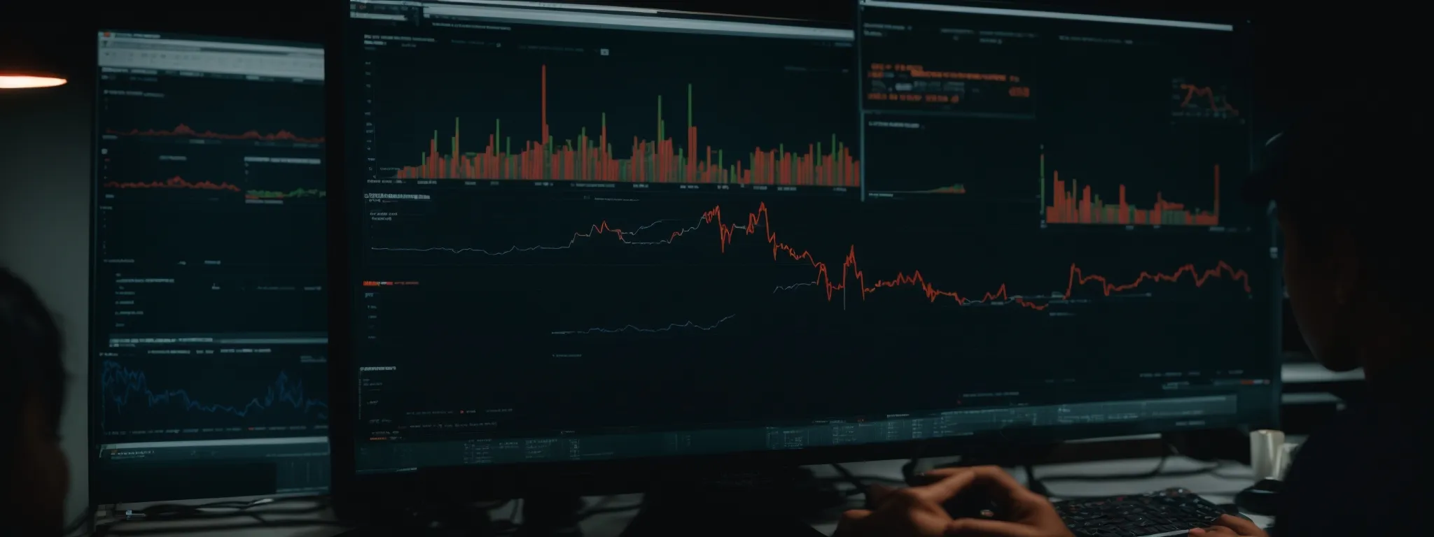 Person analyzing multiple dark-themed monitors displaying financial stock charts, volume graphs, and trading data in a dimly lit workspace.
