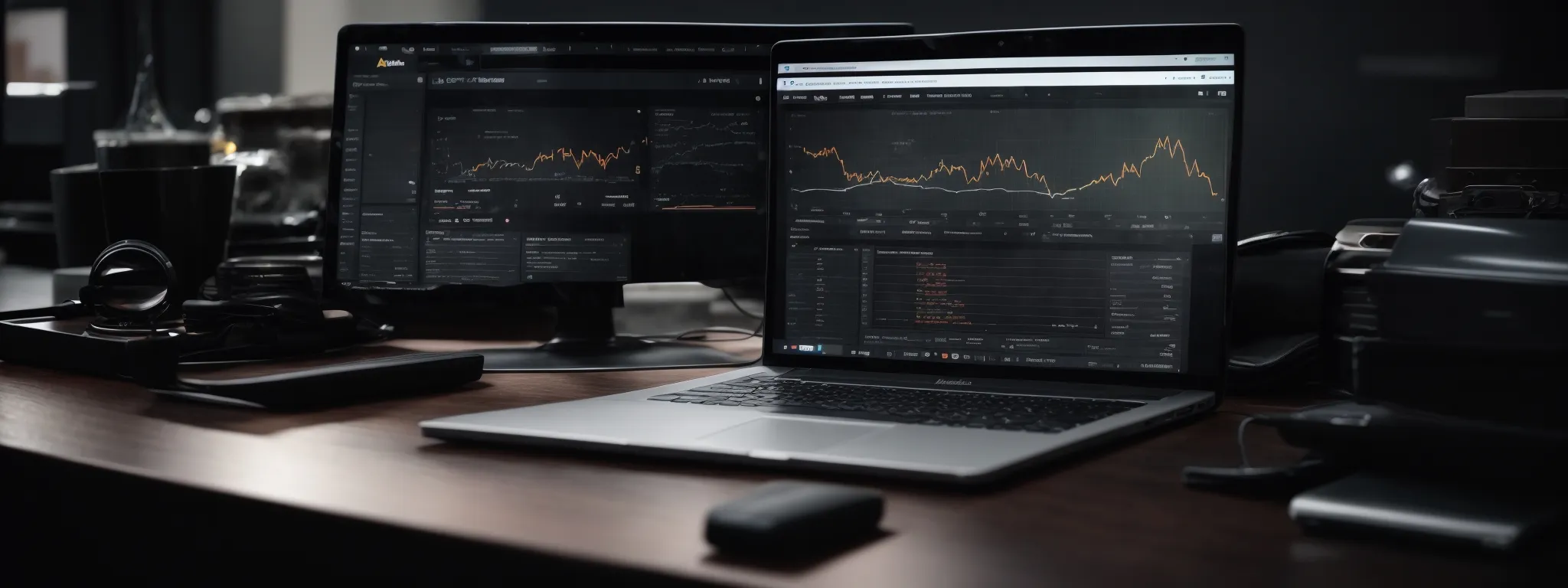 a modern desktop with an open laptop showing graphs and data analysis for auto part search trends.