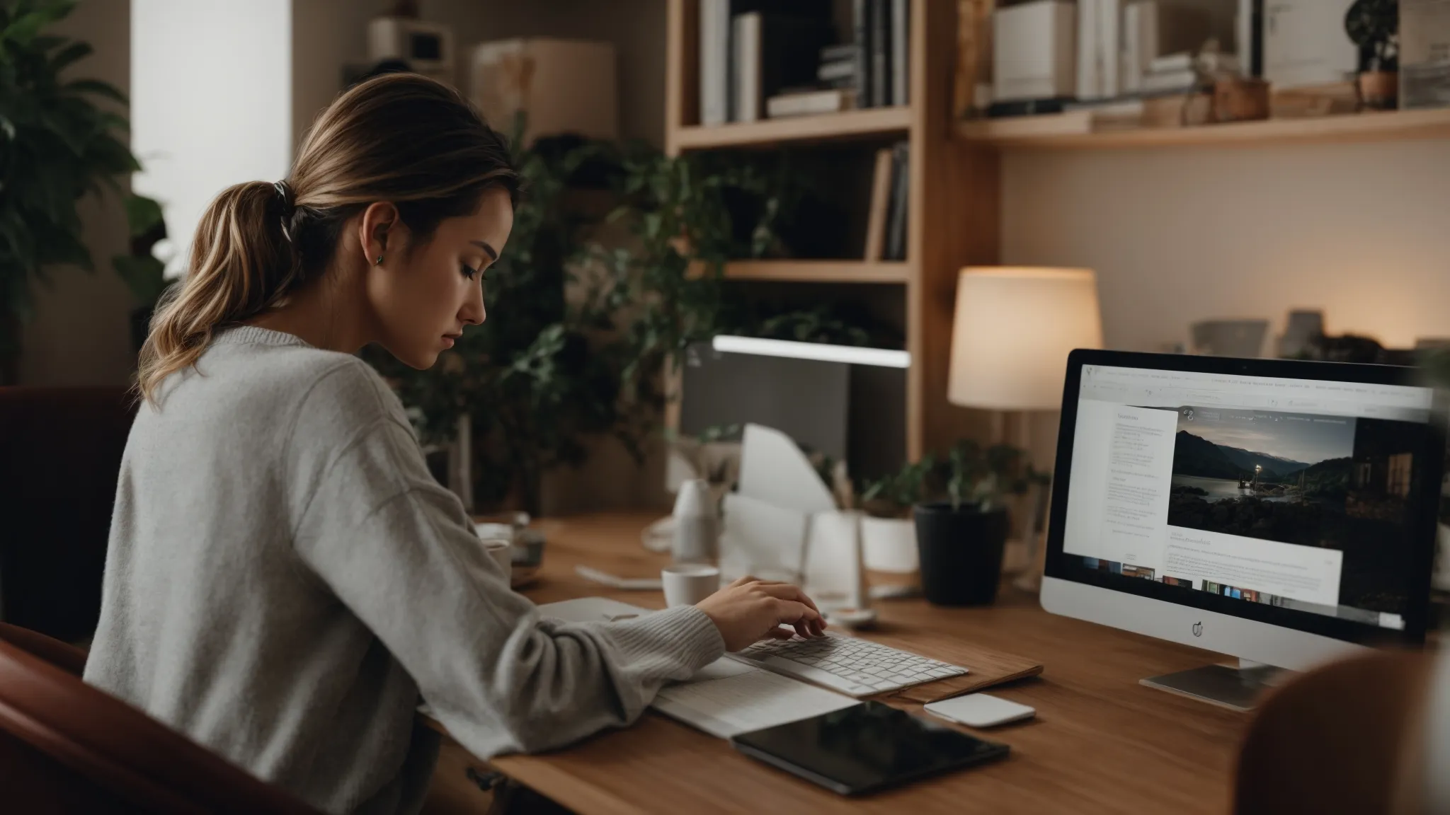 a person browsing through a beginner's guide to seo on a computer in a cozy office setup.